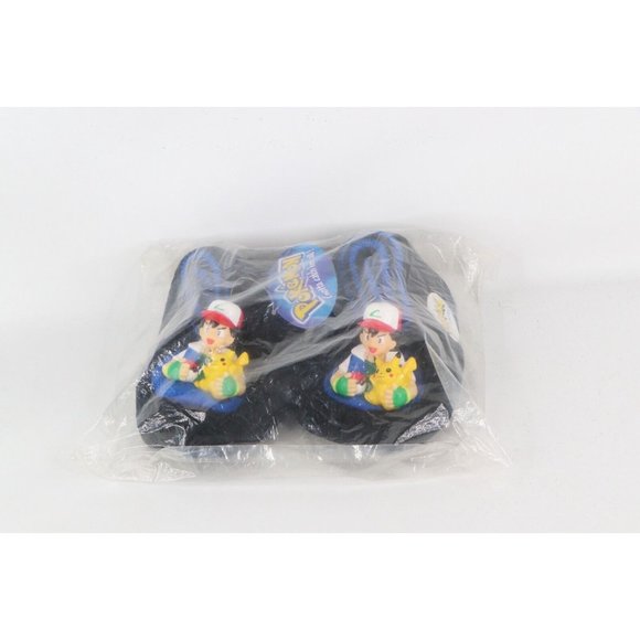 NOS Vintage 90s Pokemon Ash Ketchum House Slippers Shoes Black Youth XL 11-12